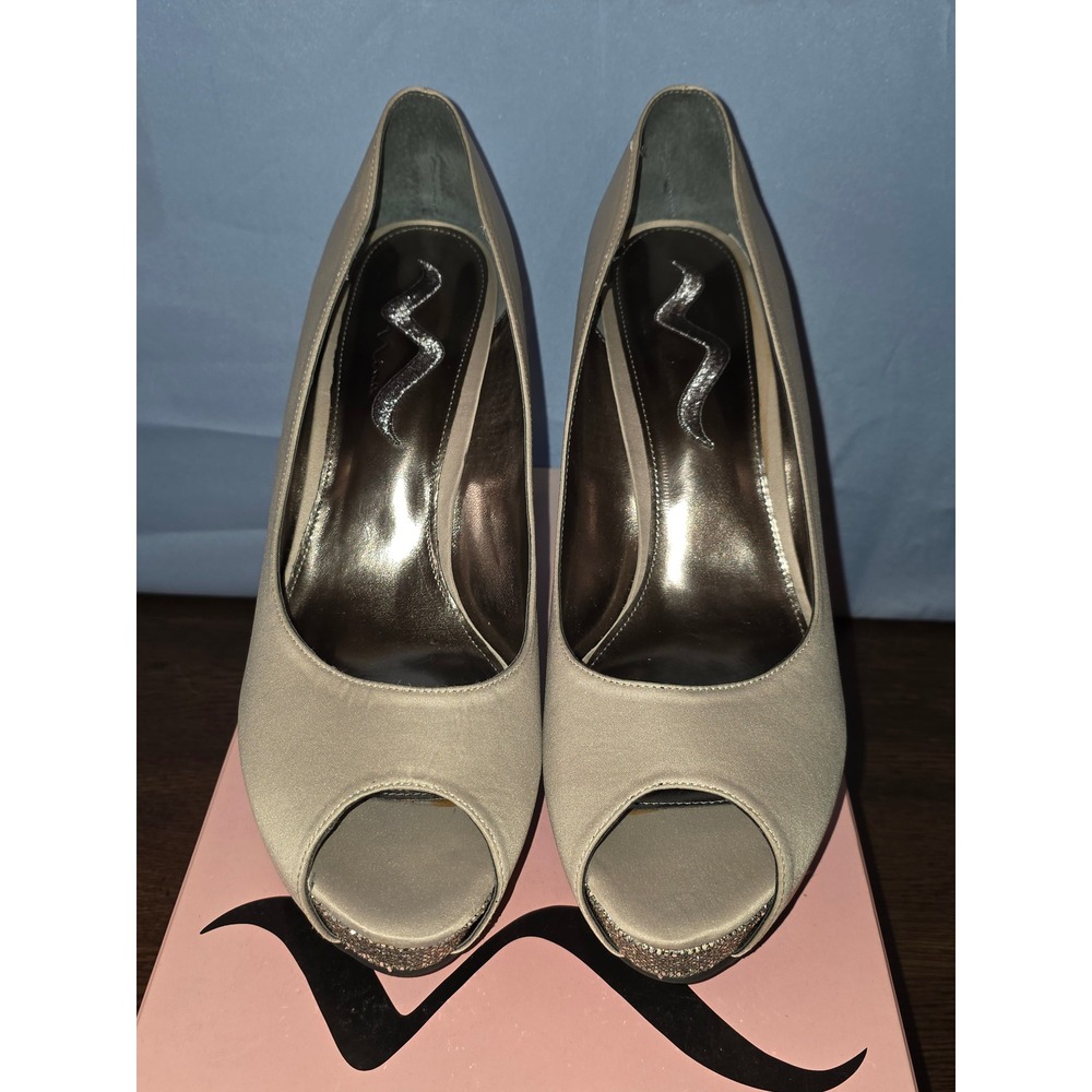 Nina Mahala Luster Sat Nude Wedge Heels Open Toe Glitter Women's Size 11